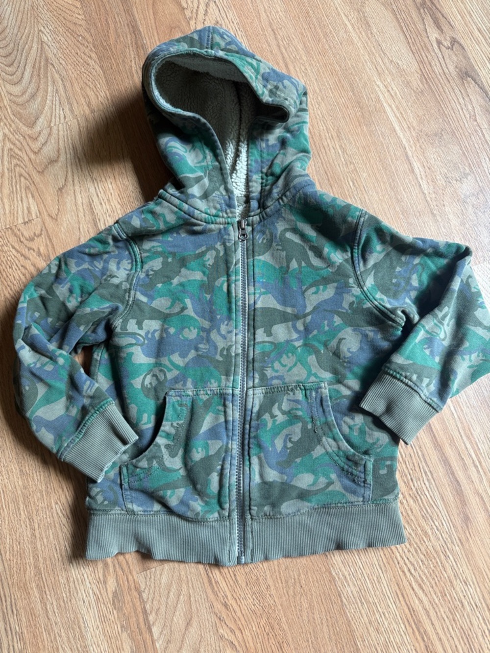 Hanna Andersson Cotton Sherpa Green Dino Camo Zip-Up Hoodie for Kids 5 110cm